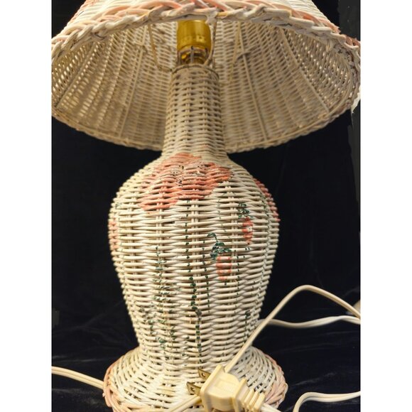 Vintage Wicker Table Lamp With Hand-Painted Floral Details & Shade - Picture 8 of 12